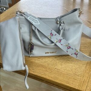 Betsey Johnson Light Gray Shoulder Bag with Embellished Strap + matching Clutch